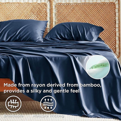 Bedsure California King Sheet Sets, Cooling Sheets for Hot Sleepers, Rayon Derived from Bamboo, Breathable & Soft, Deep Pocket Up to 16 Inches, Hotel Luxury Silky Bedding, Navy