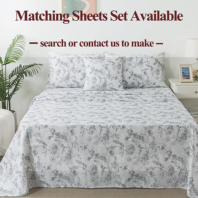 FADFAY Gray and White Duvet Cover Set Twin Shabby White Floral Bedding Vintage Bird Farmhouse Bedding Rustic Peacock Quilt Cover 100% Cotton Comforter Cover with Hidden Zipper Closure 3Pcs, Twin Size