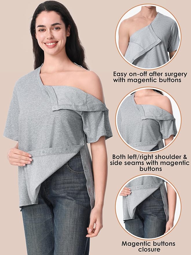 Magnetic Buttons Post Shoulder Surgery Recovery Shirt for Men V-Neck Tear Away Adaptive Chemo Port Clothing for Women