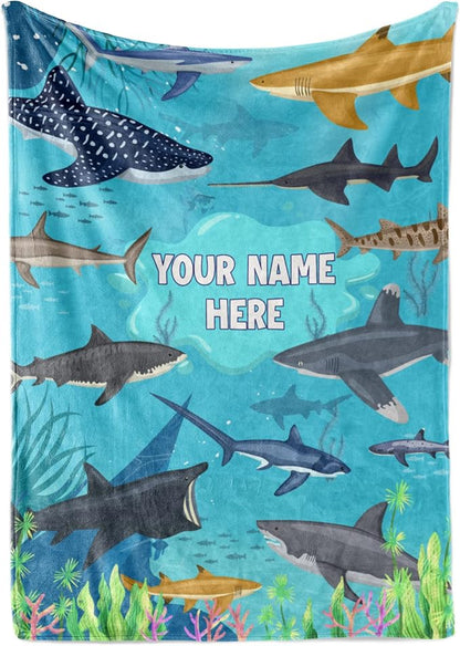 Personalized Shark Blanket for Kids - Ships Next Day and Made in USA - Soft Fleece Throw Bed, Cute Room Decor, Plush Sofa Couch Cover, Lightweight Baby Shark Toys, Custom Gift (Sherpa – 60x80)