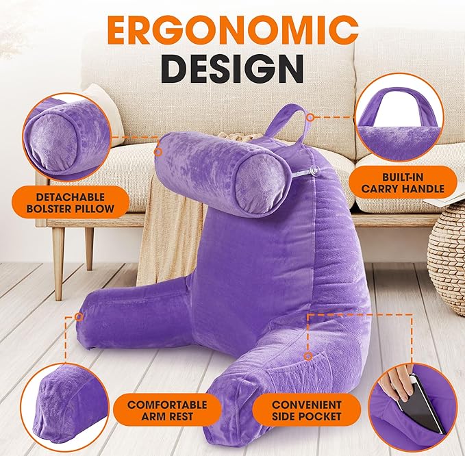 Cheer Collection Reading Pillow Chair - Chair Pillow with Arms and Detachable Neck Bolster for Bed & Couch - Machine Washable, Purple