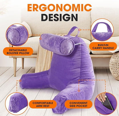 Cheer Collection Reading Pillow Chair - Chair Pillow with Arms and Detachable Neck Bolster for Bed & Couch - Machine Washable, Purple