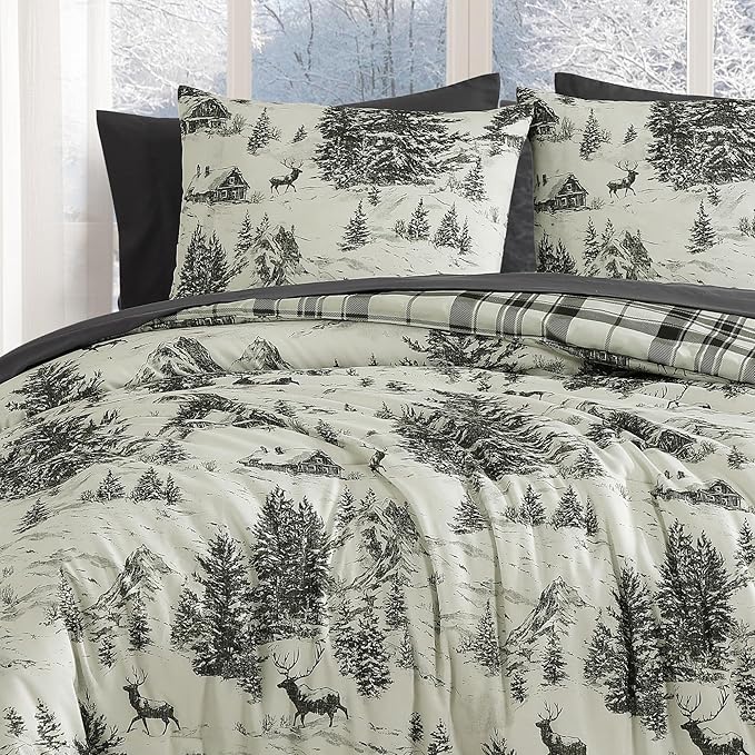 MaiRêve Christmas Queen Comforter Set, Grey Reindeer Tree Bed Set for Holiday, Reversible Gray Plaid Comforter Bed in a Bag, Soft Bedding Set 7 Pieces with Sheets, Pillowcases & Shams