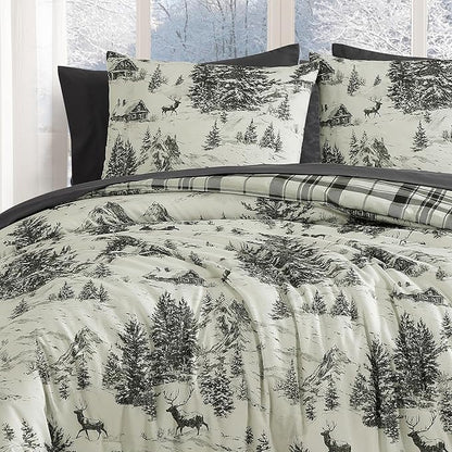 MaiRêve Christmas Queen Comforter Set, Grey Reindeer Tree Bed Set for Holiday, Reversible Gray Plaid Comforter Bed in a Bag, Soft Bedding Set 7 Pieces with Sheets, Pillowcases & Shams