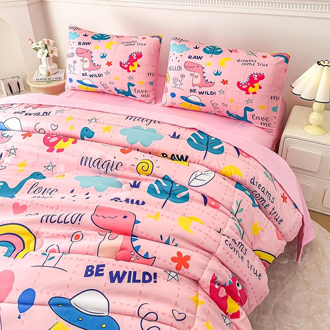 MWMWMW 5 Pcs Pink Dinosaur Bedding Twin for Girls Kids, Kawaii Dinosaur Comforter Twin, Girls Comforter Set Twin with 1 Comforter, 1 Flat Sheet, 1 Fitted Sheet and 2 Pillowcases