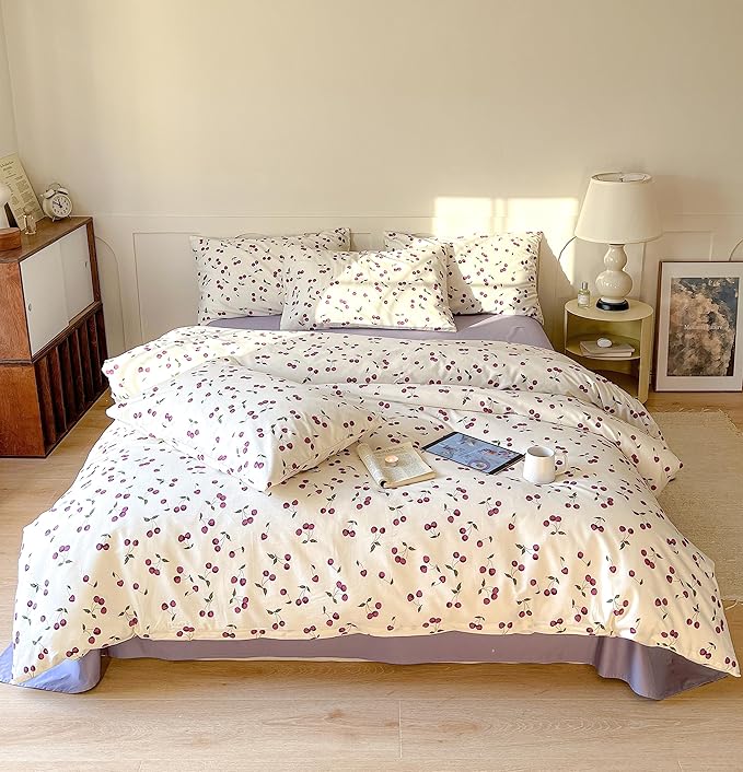 AOJIM Cherry Printed Duvet Cover Set for Kids Adults, Soft 100% Cotton Cute Bedding, Aesthetic Room Decor Comforter Cover with Fruit Motifs, Quilt Cover 3 Pieces (Twin Size), No Comforter