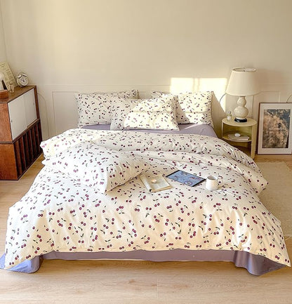 AOJIM Cherry Printed Duvet Cover Set for Kids Adults, Soft 100% Cotton Cute Bedding, Aesthetic Room Decor Comforter Cover with Fruit Motifs, Quilt Cover 3 Pieces (Twin Size), No Comforter