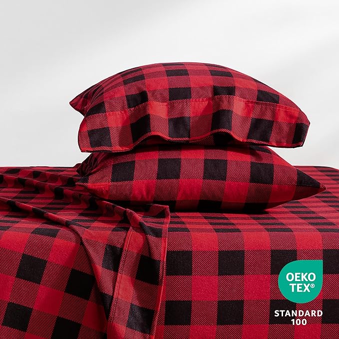 Bare Home Flannel Sheet Set Prints, 100% Cotton, Velvety Soft Heavyweight - Christmas Holiday Sheets - Double Brushed Flannel - Extra Softness, Comfort - Deep Pocket (Full, Buffalo Plaid - Red/Black)