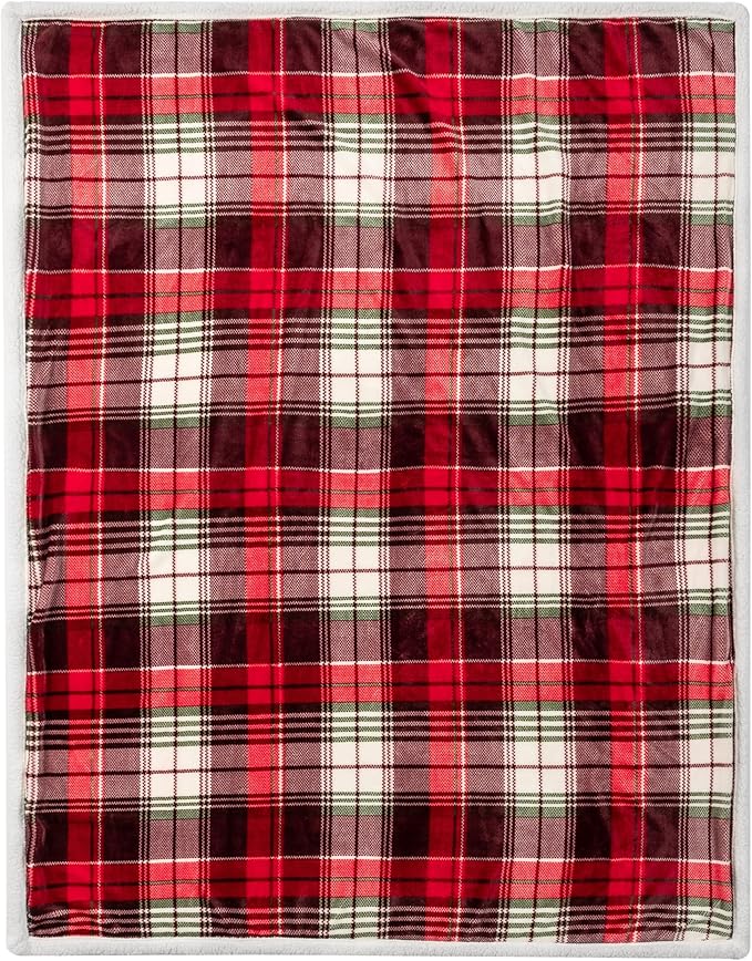 PAVILIA Red Green Christmas Plaid Sherpa Throw Blanket, Holiday Fleece Blanket 50" x 60", Soft Flannel Plush Throw for Couch, Sofa & Bed, Festive Winter Home Decor, Cozy
