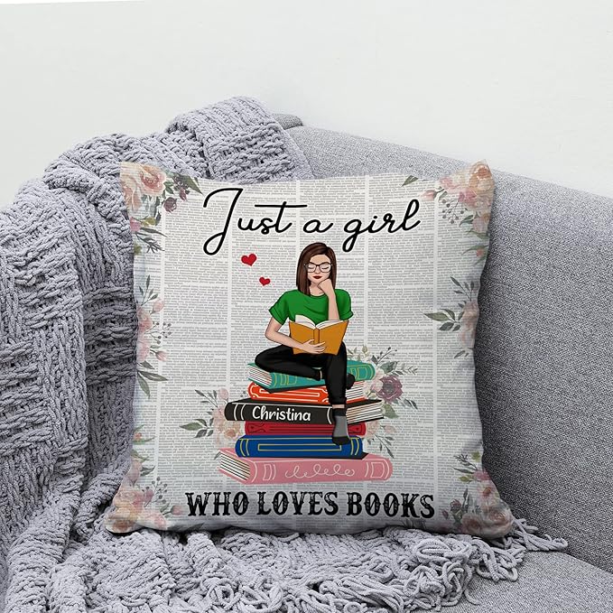 Hyturtle Personalized Just A Girl Who Loves Books Pillow (Insert Included) Gifts for Girl Women - Birthday Gifts for Book Lovers Librarian - Custom Name Sofa Couch Cushion Home Decor Pillow