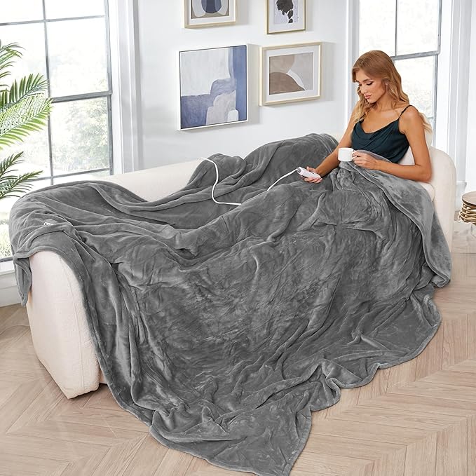 Electric Heated Blanket King Size 90×100, Comfortable & Luxurious Flannel, 4 Heating Levels & 10 H Auto Shut Off, Light Grey