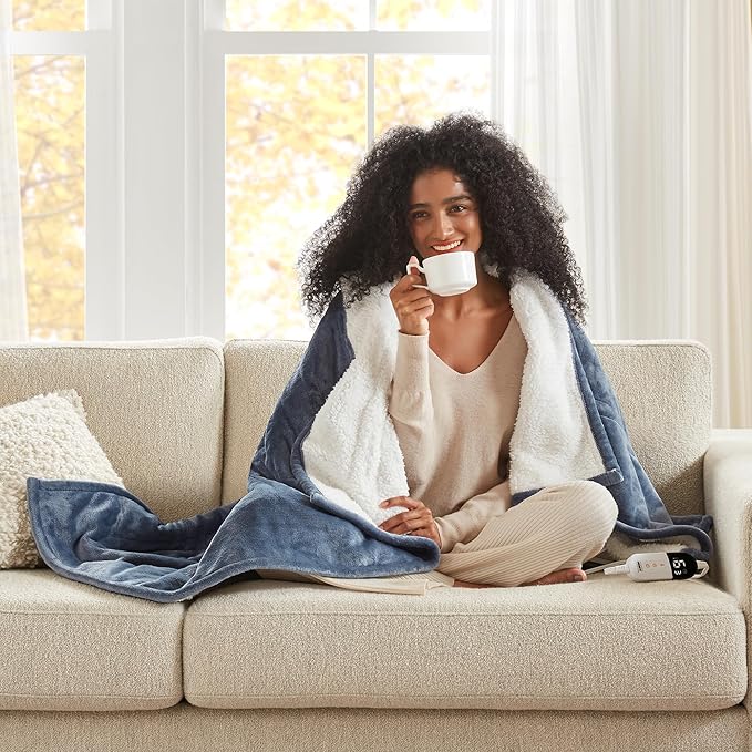 Degrees of Comfor Heated Throw Blanket - Soft Flannel Electric Throws with 6 Heat Settings and 4-Hour Auto Shut-Off - Warm Gifts for Grandma - Blue, 50x60'' - ETL Certified