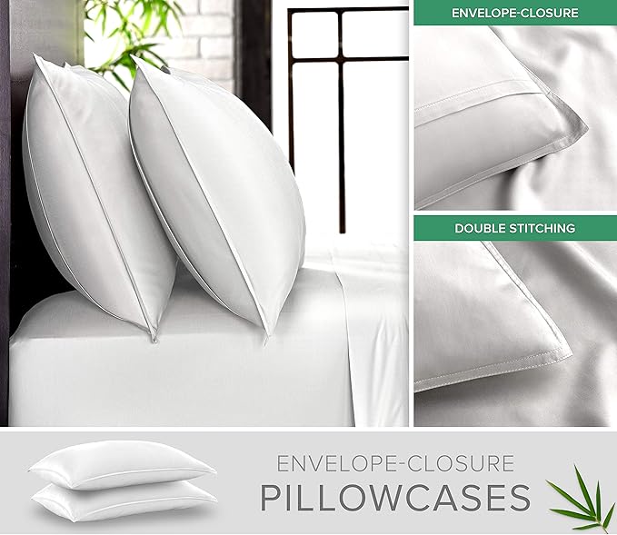 King Pillowcases by Pure Bamboo - Genuine 100% Organic Viscose Derived from Bamboo, Luxuriously Soft & Cooling, Double Stitching, Envelope Closure (2 King Pillowcases, White)