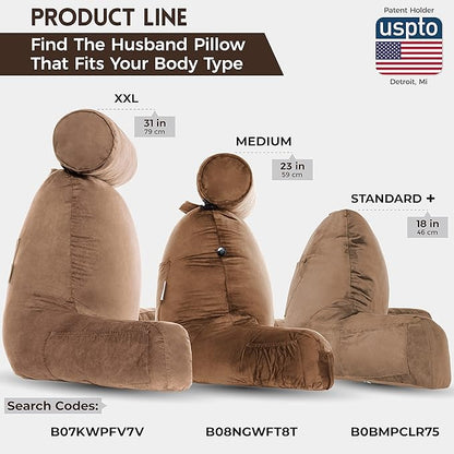 Husband Pillow Aspen Saddle Brown, Reading Pillow Bed Rest Chair, Two-Sided Reversible Fabric, Large Lounge Cushion Adult Backrest with Arms, Comfy Back Support for Sit Sitting Up, Wash/Remove Cover