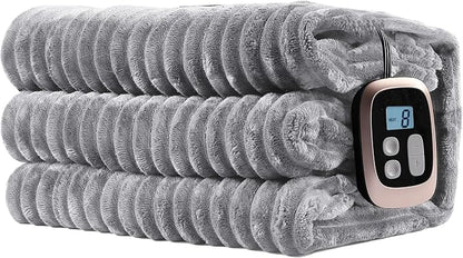 Electric Heated Blanket Twin-Size 62x84 Inch - Ultra Soft Silky Flannel with Ribbed Texture, 10 Heating Levels and 12 Hours Auto-Off Feature - Gray