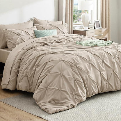 Bedsure Full Comforter Set Beige - Bed in a Bag Full Size Bedding Set 7 Pieces, GentleSoft™ Pintuck Bed Set Gift for Family, Pinch Pleat Beige Comforter with Sheets, Pillowcases & Shams