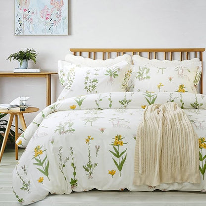 FADFAY Shabby Floral Duvet Cover Set White and Green Cotton Bedding Set with Hidden Zipper Closure 3 Pieces, 1duvet Cover & 2pillowcases (Full Size, Simple Style)