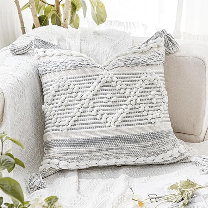 BlissBlush Gray Cream White Boho Throw Pillow Cover 22X22, Boho Woven Textured Pillow Cover, Neutral Pillow Cover, Sofa Couch Bed Farmhouse Lumbar Pillow (Cover ONLY)