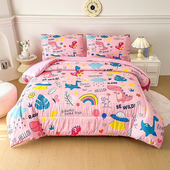 MWMWMW 5 Pcs Pink Dinosaur Comforter Set Queen, Pink Bedding Set Queen for Girls, Rainbow Dinosaur Bedding Sets for Girls Kids with 1 Comforter, 1 Flat Sheet, 1 Fitted Sheet and 2 Pillowcases