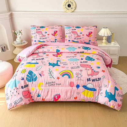 MWMWMW 5 Pcs Pink Dinosaur Comforter Set Queen, Pink Bedding Set Queen for Girls, Rainbow Dinosaur Bedding Sets for Girls Kids with 1 Comforter, 1 Flat Sheet, 1 Fitted Sheet and 2 Pillowcases