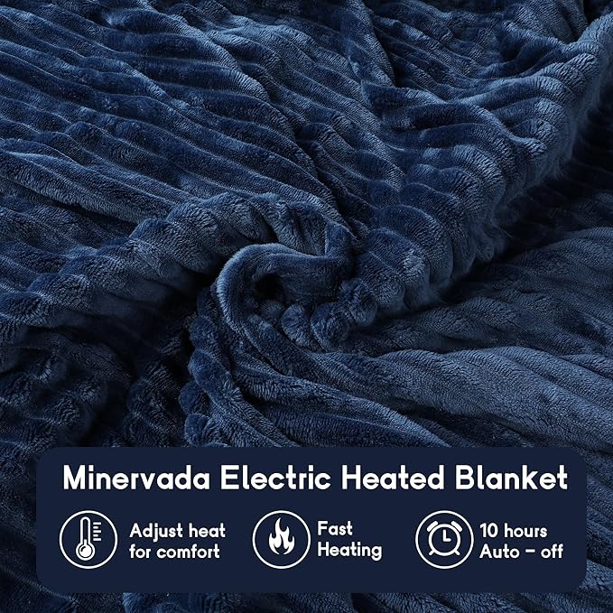Heated Electric Blanket Queen Size 84''x90'', Dual Controller Soft Flannel with 10 Heat Settings 1-12 Hour Auto Off Large Blanket for Bed - Navy
