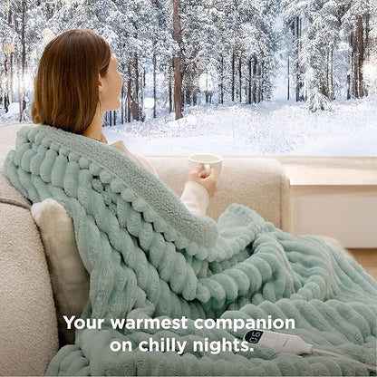 Bedsure Heated Blanket Electric Throw - Thick Striped Flannel Electric Blanket, Heating with 4 Time Settings, 6 Heat Settings, and 3-Hour Timer Auto Shut Off, Gift for Grandma (50x60 inches, Green)