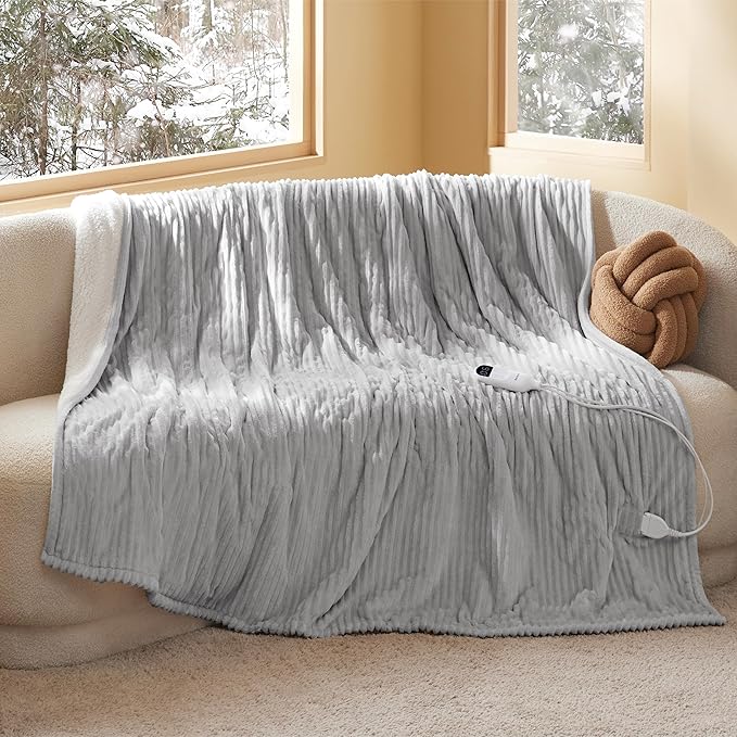 Bedsure GentleSoft Electric Blanket Twin - Soft Ribbed Flannel Heated Blanket, Heating with 10 Time Settings, 6 Heat Settings, and 8 hrs Timer Auto Shut Off, Gifts for Grandma (62"x84", Light Grey)