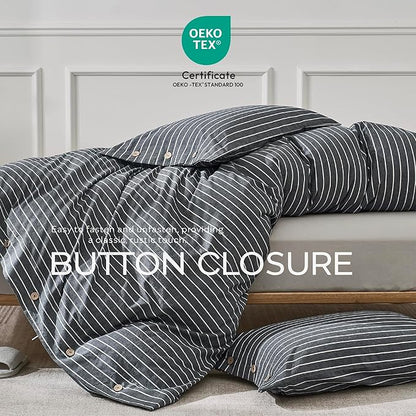 JELLYMONI Cotton Duvet Cover Twin Size - Gray Pinstriped Comforter Cover with Button 100% Washed Cotton 2PCS Breathable Soft Solid Bedding Set Duvet Cover 68×90in & 1 Pillowcase (NO Comforter)