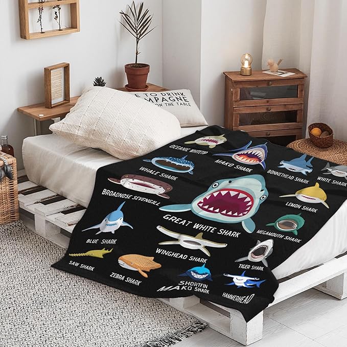 Shark Blanket Gifts for Kids Adult Shark Lovers Shark Faces Blanket Super Soft Warm Fleece Flannel for Travel Beach Sofa Shark Room Decor Christmas Birthday Easter 80"X60"-L