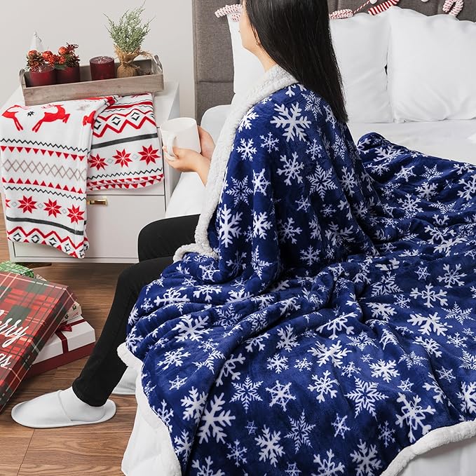 PAVILIA Blue Snowflake Christmas Sherpa Throw Blanket, Reversible Fleece Sherpa Cozy Holiday Blanket 50x60, Soft Winter Throw for Couch & Bed, Plush Cozy Warm