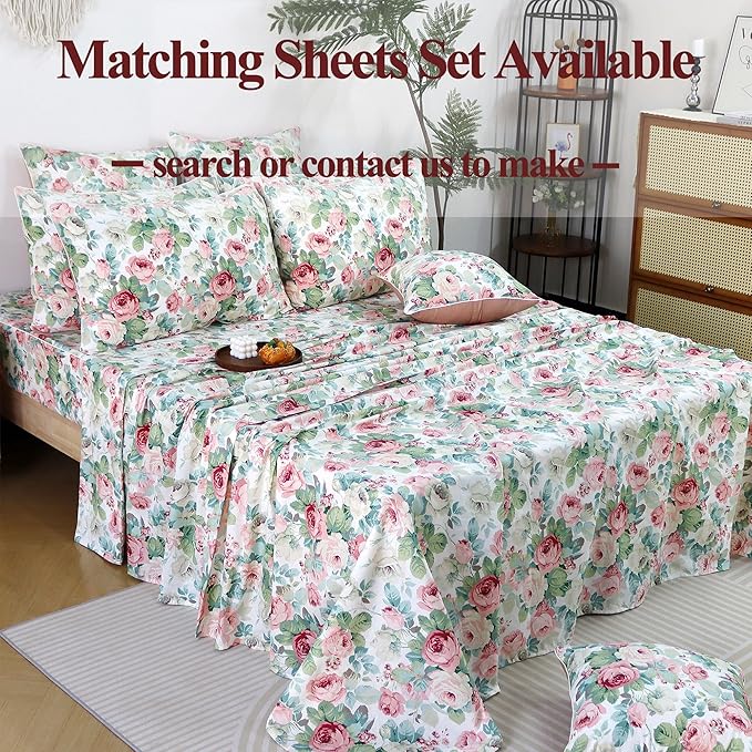 FADFAY Duvet Cover Set Queen Pink Rose Floral Bedding French Country Peony Flower Quilt Cover Set Vintage Farmhouse Bedding 100% Cotton Comforter Cover with Hidden Zipper Closure 3Pcs, Queen Size