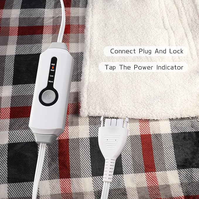 Electric Heated Blanket 72"x84" Full Size, Soft Flannel and Sherpa Double-Sided Material with 4 Heating Levels and 10 Hours Auto-Off, Machine Washable, Cozy Plush Fabric for Home, Black & Red Plaid
