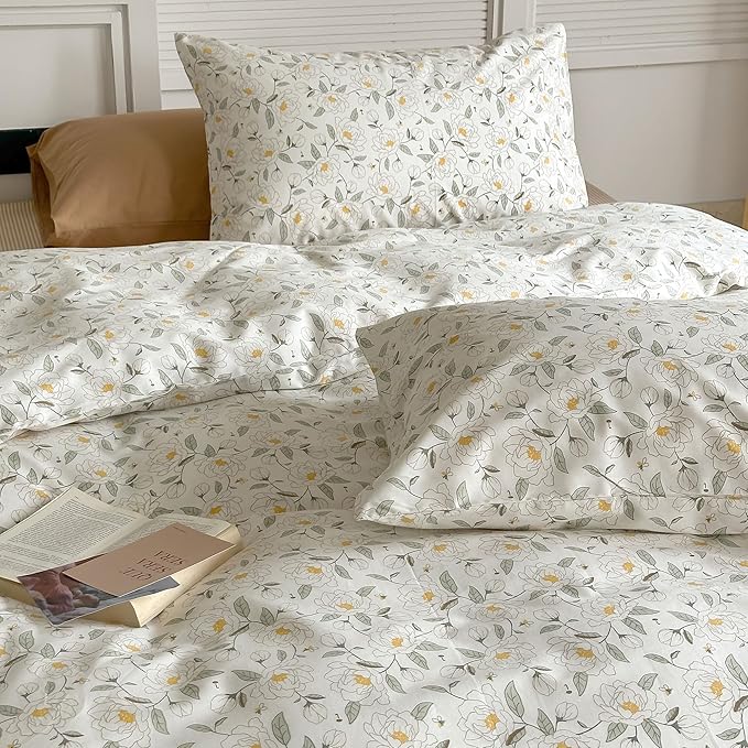 AOJIM Kids Adults Duvet Cover Set with Floral Pattern, Soft Comfy 100% Cotton Comforter Cover Set 3pcs, 1 Reversible Aesthetic Quilt Cover Full Size and 2 Matching Pillowcases for Room Decor, No Quilt
