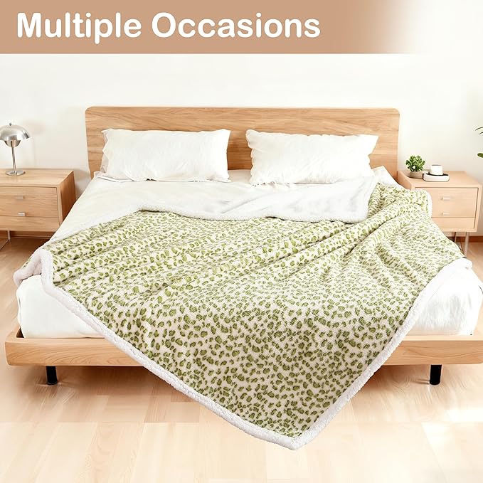 Electric Heated Blanket Full Size 72"×84" with 6 Heating Levels &10Hs Auto Off, Heating Double Sided Plush Sherpa, Fast Heating, Machine Washable Leopard Print Green & White