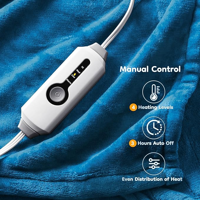 Electric Heated Blanket Throw Size 50×60, Breathable & Luxurious Flannel,Soft Warm Gift with Over-Heat Protection,4 Heating Levels & 3 H Auto Shut Off, Machine Washable, Lake Blue