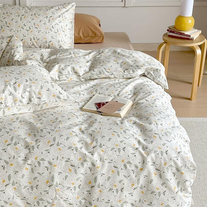 AOJIM Exquisite Floral Print Duvet Cover Set for Kids Adults, Soft Pure Cotton Comforter Cover Set 3pcs, 1 Comfy Breathable Quilt Cover Twin Size and 2 Matching Pillowcases for Room Decor, No Quilt