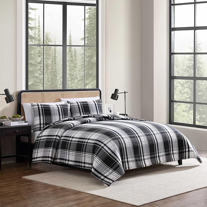 Eddie Bauer - King Comforter Set, Super Soft Reversible Bedding with Matching Shams, Plaid Home Decor, Oeko-Tex Certified (Saddle Mountain Plaid Black, King)