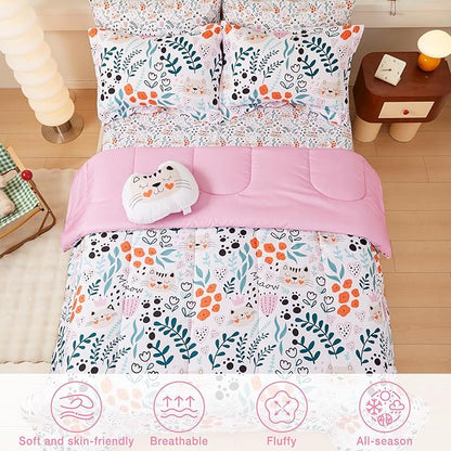 Mooreeke Twin Size Comforter Sets for Girls Kids, 6 Pieces Bed in a Bag Flower and Cat Bedding Comforter Sheet Set with Shams and Decorative Toy Pillow, Ultral Soft Microfiber Kids Bed Set