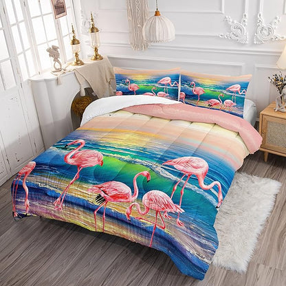 HOSIMA Flamingos Comforter,Pink Wild Flamingo Bedding Tropical Beach Room Decor,Seaside Home Decor Twin Comforter Set with 2 Pillow Cases,Hawaiian Vacation Style Bedding for Girls Women Kids.