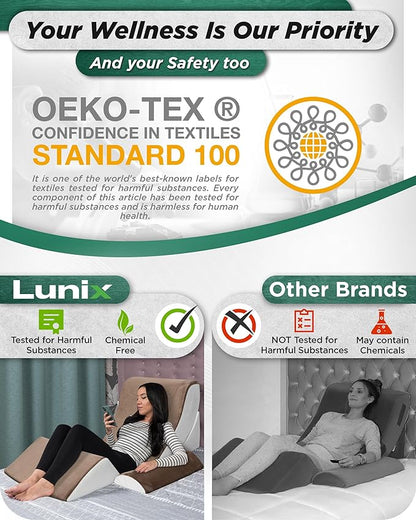 Lunix 4pcs Orthopedic Bed Wedge Pillow Set, Post Surgery Memory Foam for Back, Knee, Leg Pain Relief, Adjustable Sitting Pillow for Sleeping, Acid Reflux, GERD, with Hot Cold Pack, Brown/White