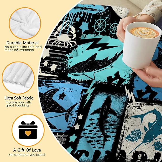 Shark Funny Graffiti Gift Blanket for Boys & Adults - Soft Flannel Throw for Sofa, Couch, Bed & Travel - Plush, Warm & Cozy - 90"x120" King/Oversize