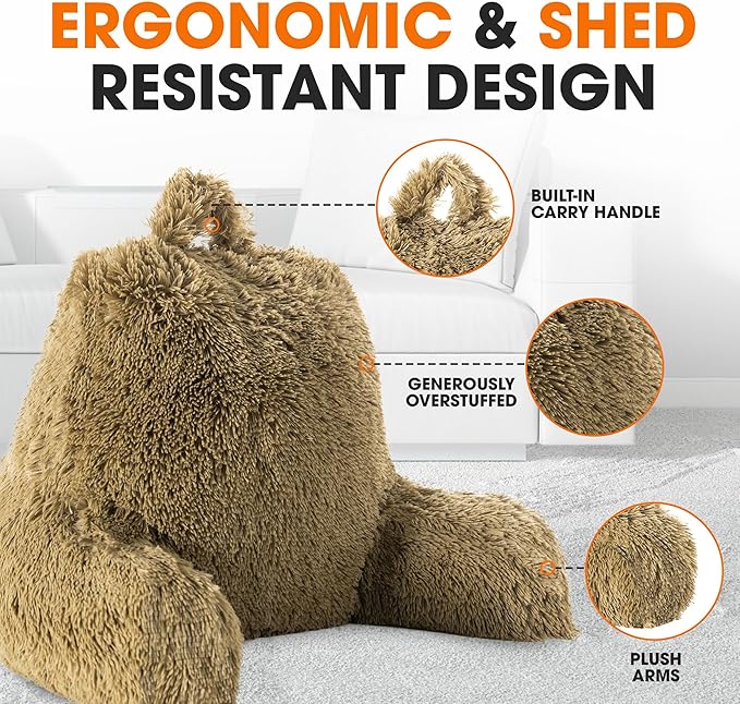 Cheer Collection Fluffy Reading Pillow Chair - Shaggy Hair Chair Pillow with Arms for Bed & Couch, Gold