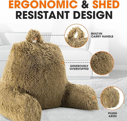 Cheer Collection Fluffy Reading Pillow Chair - Shaggy Hair Chair Pillow with Arms for Bed & Couch, Gold