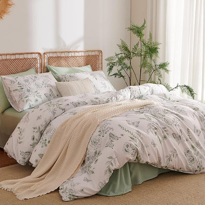 Floral Duvet Cover Queen Size Green Flower Butterfly Bedding Set 3Pcs Romantic Spring Garden Aesthetic Botanical Reversible Cooling Comforter Cover with Zipper Closure & Corner Ties