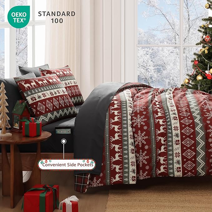 MaiRêve Christmas Twin XL Comforter Set, Red Reindeer Snowflake Bed Set for Holiday, Reversible Plaid Checkered Comforter Bed in a Bag, Soft Bedding Set 5 Pieces with Sheets, Pillowcase & Sham