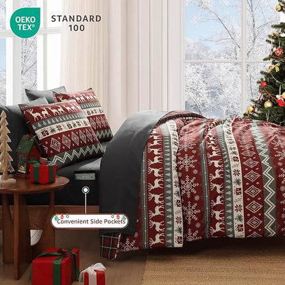 MaiRêve Christmas Twin XL Comforter Set, Red Reindeer Snowflake Bed Set for Holiday, Reversible Plaid Checkered Comforter Bed in a Bag, Soft Bedding Set 5 Pieces with Sheets, Pillowcase & Sham