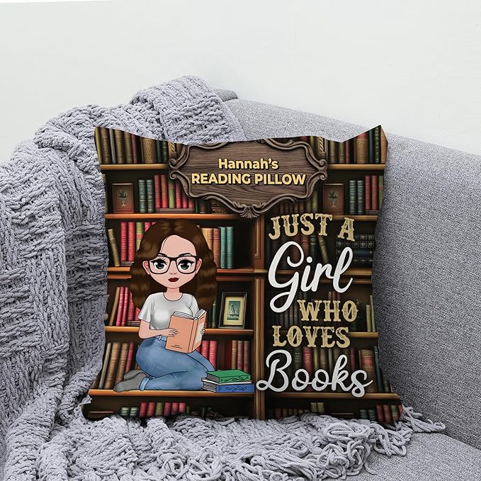 Hyturtle Personalized Book Pillow (Insert Included) Gifts for Girls Book Lovers, Reading Club Librarian on Birthday Christmas, Just A Girl Who Loves Books Custom Name Couch Cushion Decor Throw Pillow