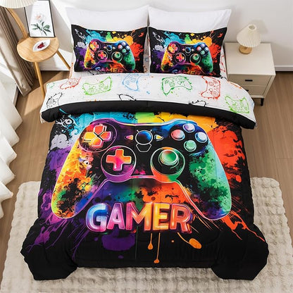 NTBED Game Console Comforter Set for Boys Girls Kids Tie Dye GamingLightweight Microfiber Gamer Bedding Sets (Multi, Queen 5Pcs)