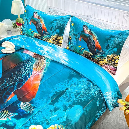 CVHOUSE Sea Turtle Bedding Set,Sea Turtle Comforter King,Ocean Beach Comforter Set for Boys Kids Girls,Ocean Quilt Set with 1 Comforter and 2 Pillow Cases
