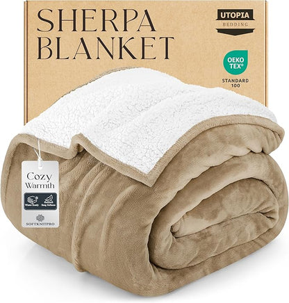Utopia Bedding Sherpa Blanket Twin Size (Camel, 60x80 Inches) - Soft Lightweight Plush Fleece Reversible Winter Blanket for Bed, Sofa, Couch, Camping and Travel